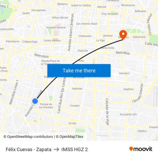 Félix Cuevas - Zapata to IMSS HGZ 2 map