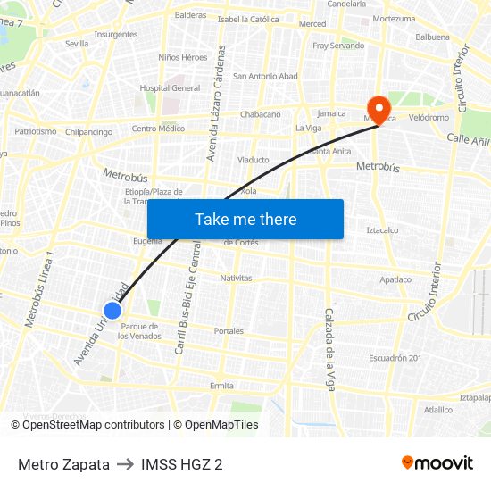 Metro Zapata to IMSS HGZ 2 map