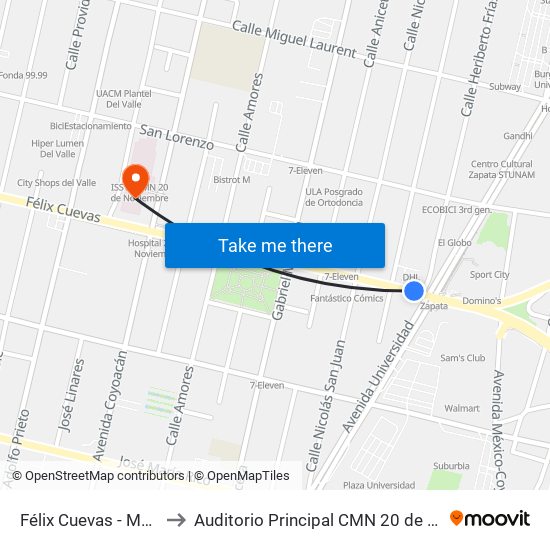 Félix Cuevas - Metro Zapata to Auditorio Principal CMN 20 de Noviembre ISSSTE map