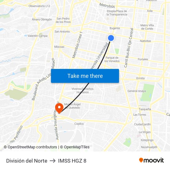 División del Norte to IMSS HGZ 8 map