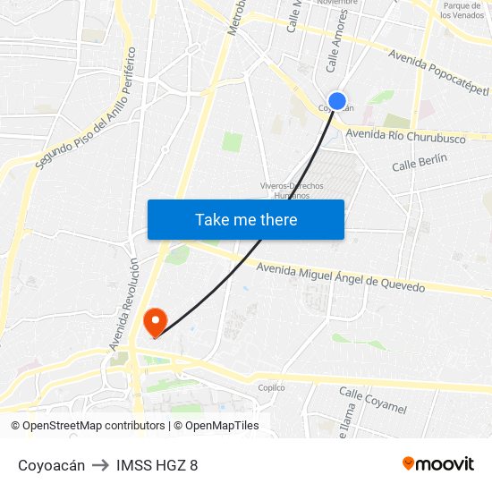 Coyoacán to IMSS HGZ 8 map