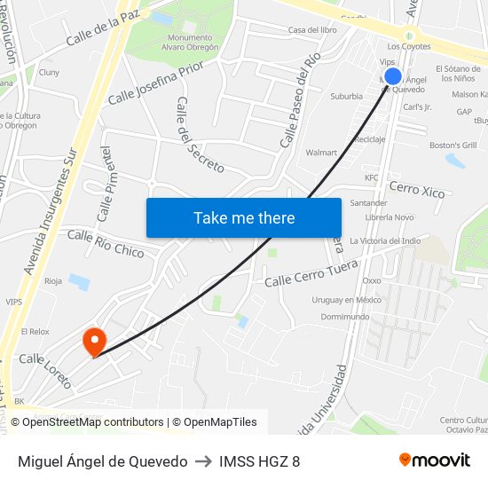 Miguel Ángel de Quevedo to IMSS HGZ 8 map