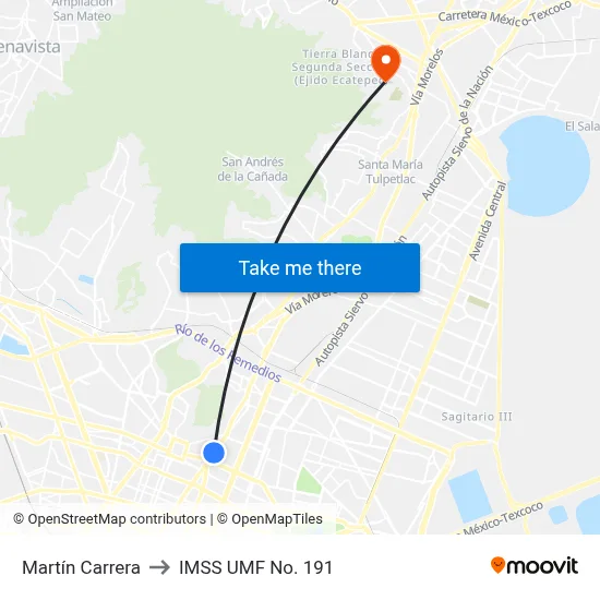 Martín Carrera to IMSS UMF No. 191 map