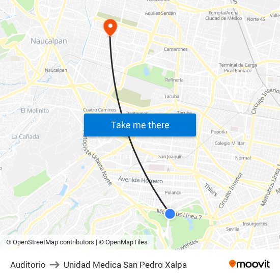 Auditorio to Unidad Medica San Pedro Xalpa map