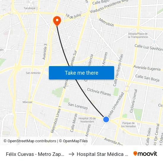 Félix Cuevas - Metro Zapata to Hospital Star Médica Hip map