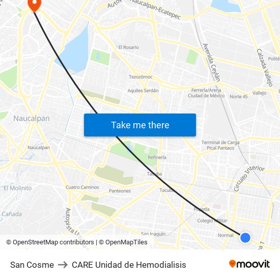 San Cosme to CARE Unidad de Hemodialisis map