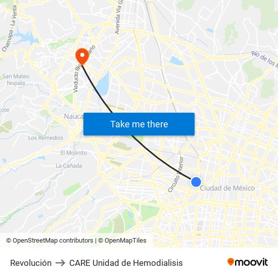 Revolución to CARE Unidad de Hemodialisis map