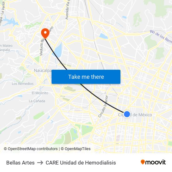 Bellas Artes to CARE Unidad de Hemodialisis map