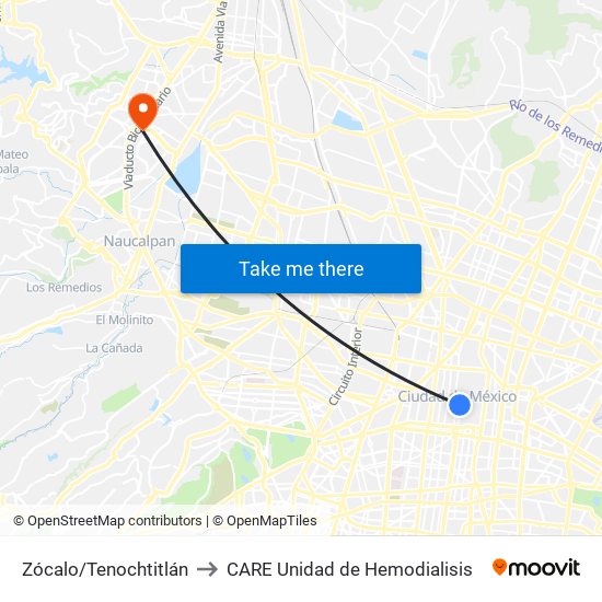 Zócalo/Tenochtitlán to CARE Unidad de Hemodialisis map