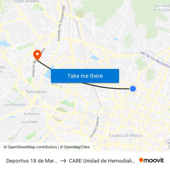 Deportivo 18 de Marzo to CARE Unidad de Hemodialisis map