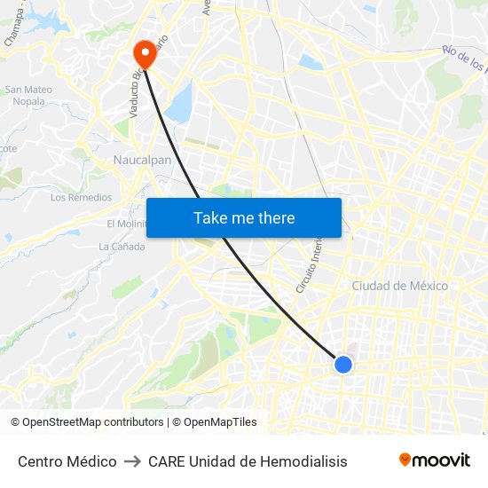 Centro Médico to CARE Unidad de Hemodialisis map