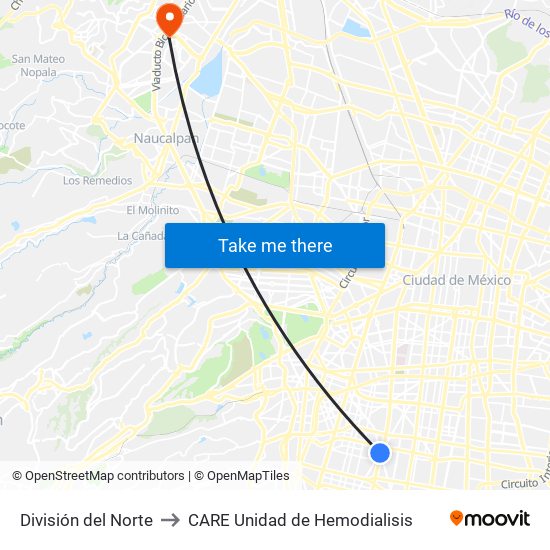 División del Norte to CARE Unidad de Hemodialisis map