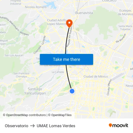 Observatorio to UMAE Lomas Verdes map