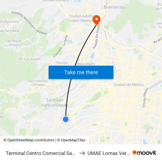 Terminal Centro Comercial Santa Fé to UMAE Lomas Verdes map