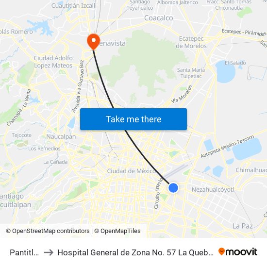 Pantitlán to Hospital General de Zona No. 57 La Quebrada map