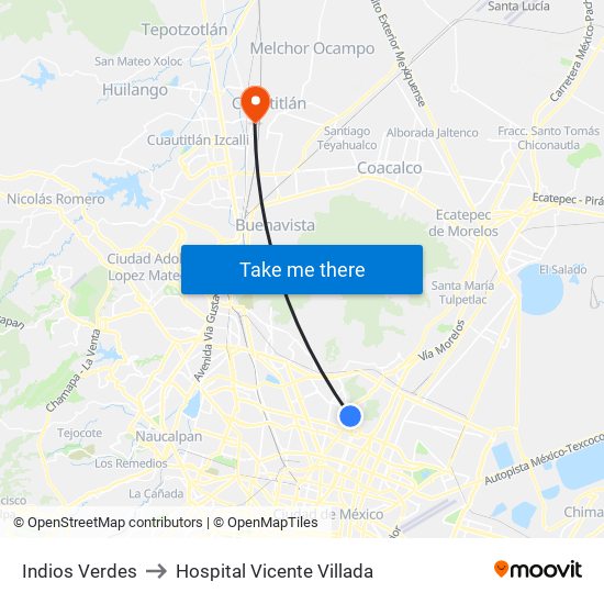 Indios Verdes to Hospital Vicente Villada map