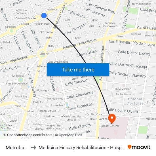 Metrobús: Hamburgo to Medicina Fisica y Rehabilitacion - Hospital General de México Dr. Eduardo Liceaga map