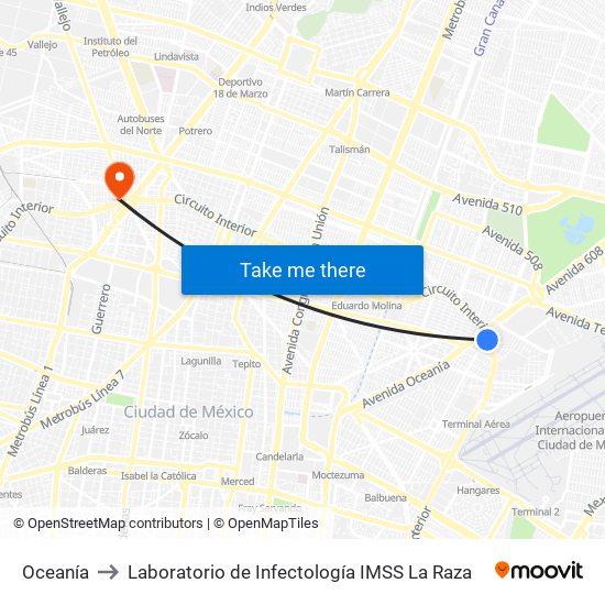 Oceanía to Laboratorio de Infectología IMSS La Raza map