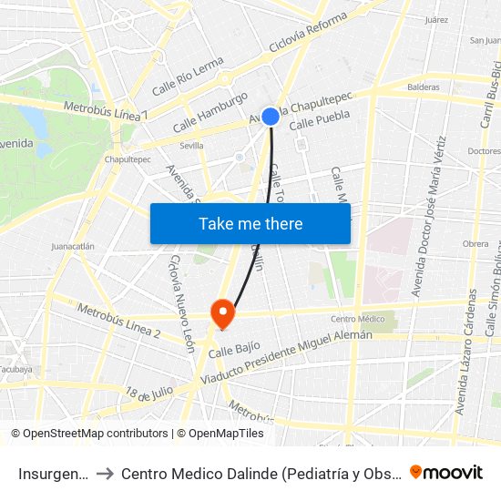 Insurgentes to Centro Medico Dalinde (Pediatría y Obstetricia) map