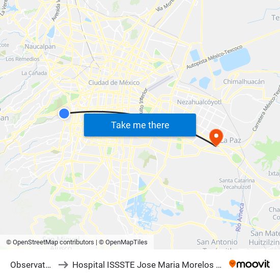 Observatorio to Hospital ISSSTE Jose Maria Morelos y Pavón map