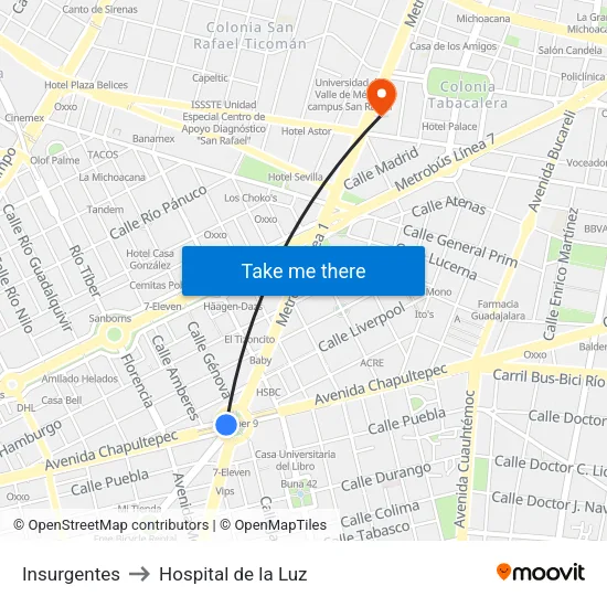 Insurgentes to Hospital de la Luz map
