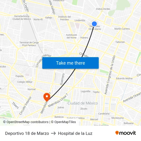 Deportivo 18 de Marzo to Hospital de la Luz map