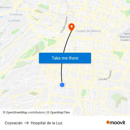 Coyoacán to Hospital de la Luz map