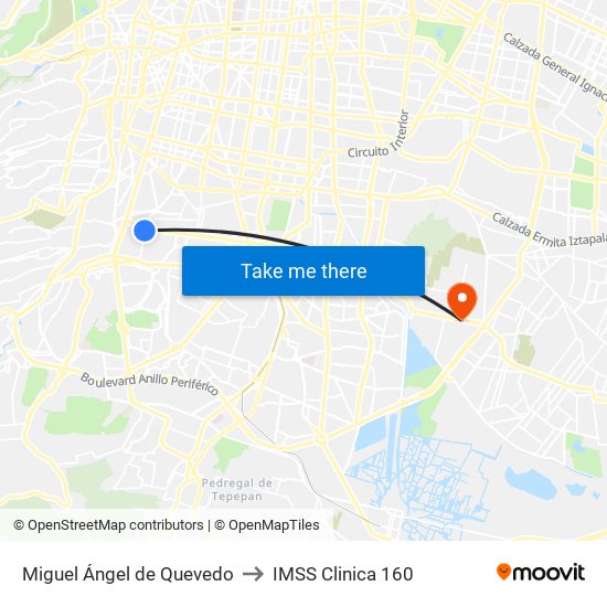 Miguel Ángel de Quevedo to IMSS Clinica 160 map