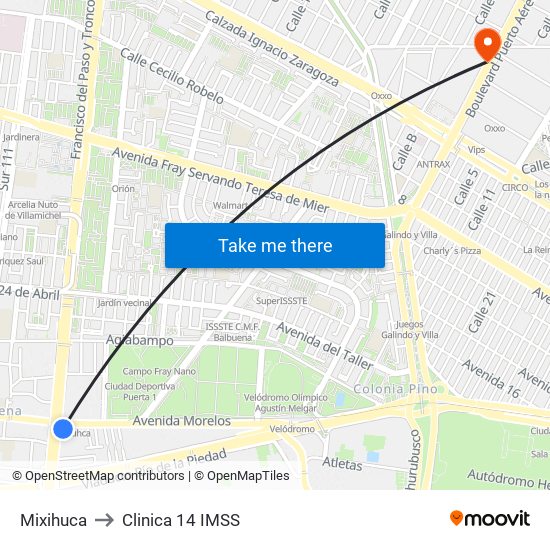 Mixihuca to Clinica 14 IMSS map