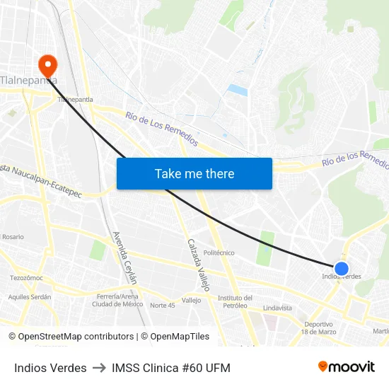 Indios Verdes to IMSS Clinica #60 UFM map