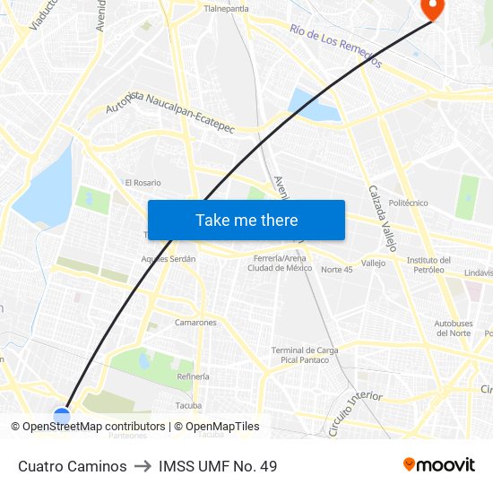 Cuatro Caminos to IMSS UMF No. 49 map