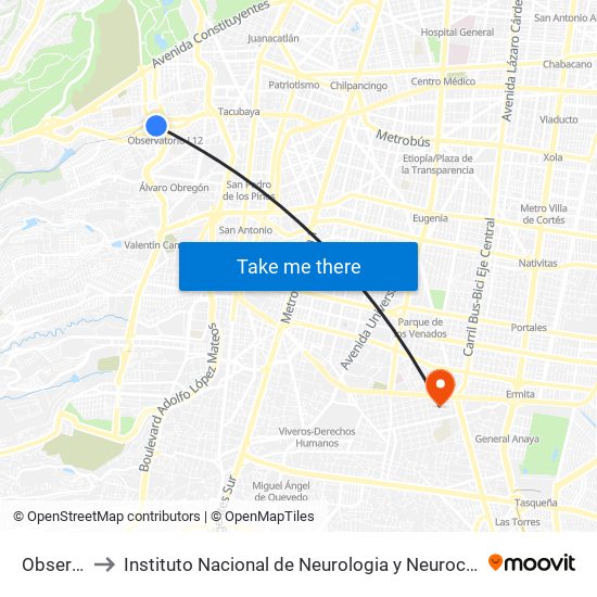 Observatorio to Instituto Nacional de Neurologia y Neurocirugia "Manuel Velasco Suarez" map