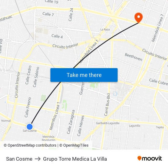San Cosme to Grupo Torre Medica La Villa map