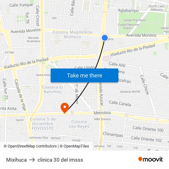 Mixihuca to clinica 30 del imsss map