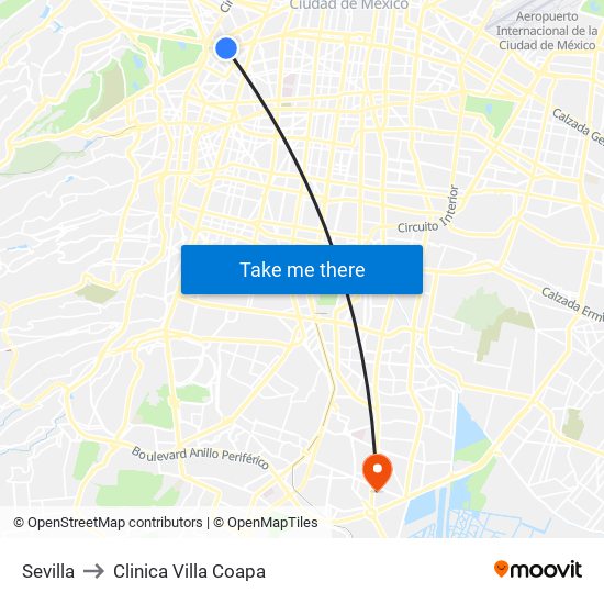 Sevilla to Clinica Villa Coapa map