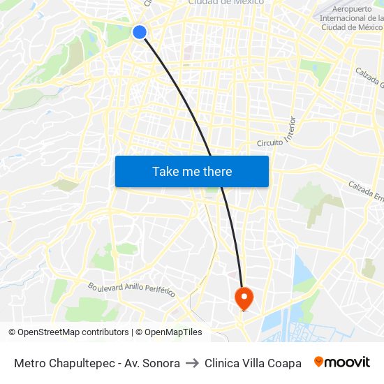 Metro Chapultepec - Av. Sonora to Clinica Villa Coapa map