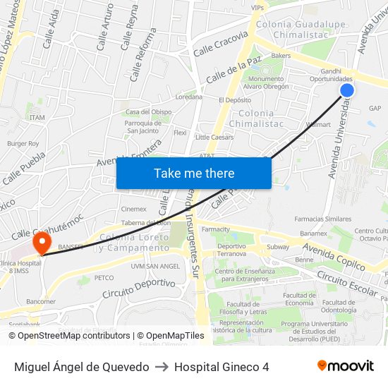 Miguel Ángel de Quevedo to Hospital Gineco 4 map