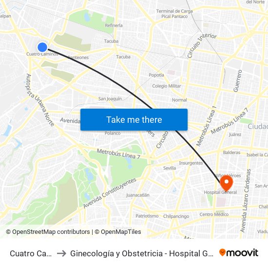 Cuatro Caminos to Ginecología y Obstetricia - Hospital General de México map