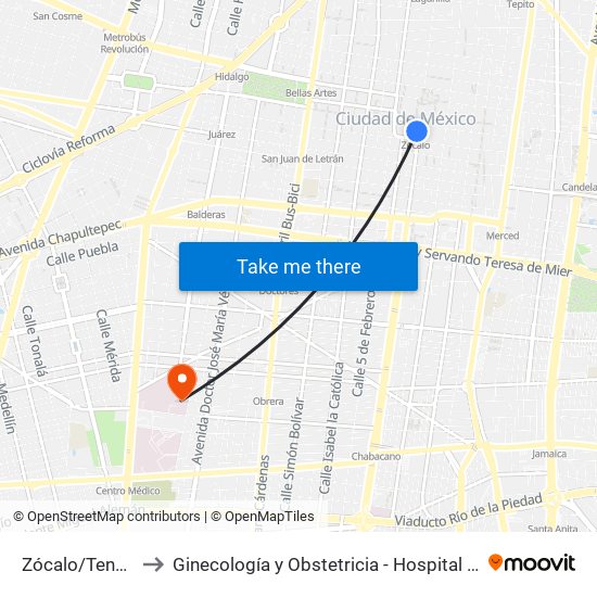 Zócalo/Tenochtitlán to Ginecología y Obstetricia - Hospital General de México map