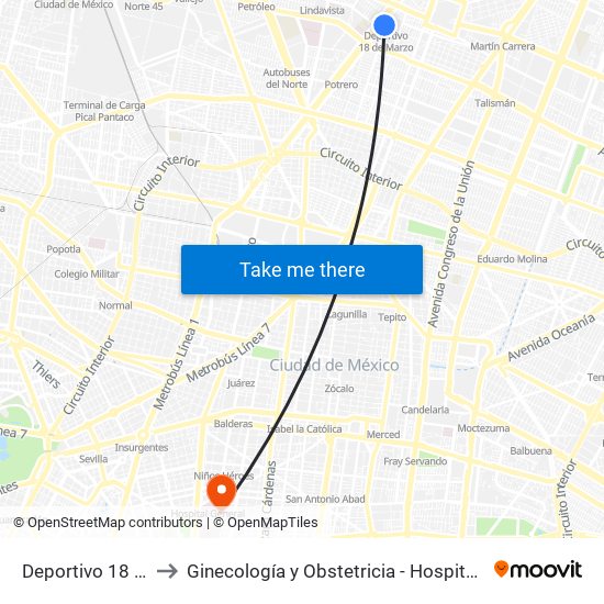 Deportivo 18 de Marzo to Ginecología y Obstetricia - Hospital General de México map