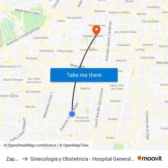 Zapata to Ginecología y Obstetricia - Hospital General de México map