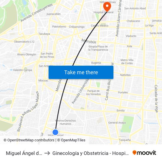 Miguel Ángel de Quevedo to Ginecología y Obstetricia - Hospital General de México map
