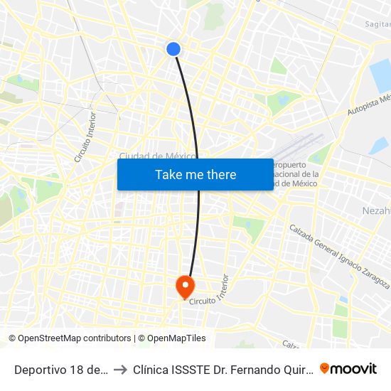 Deportivo 18 de Marzo to Clínica ISSSTE Dr. Fernando Quiroz Gutiérrez map