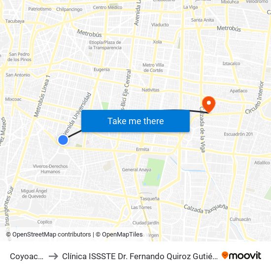 Coyoacán to Clínica ISSSTE Dr. Fernando Quiroz Gutiérrez map