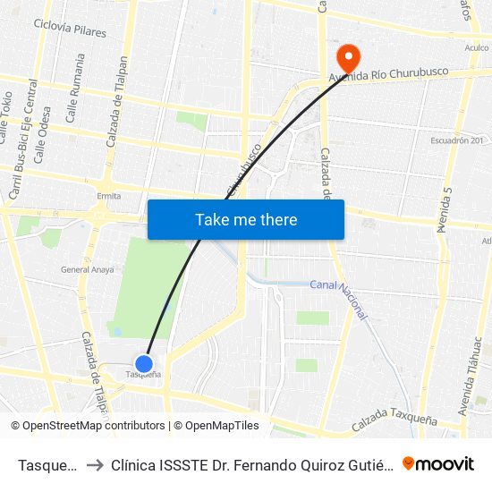 Tasqueña to Clínica ISSSTE Dr. Fernando Quiroz Gutiérrez map