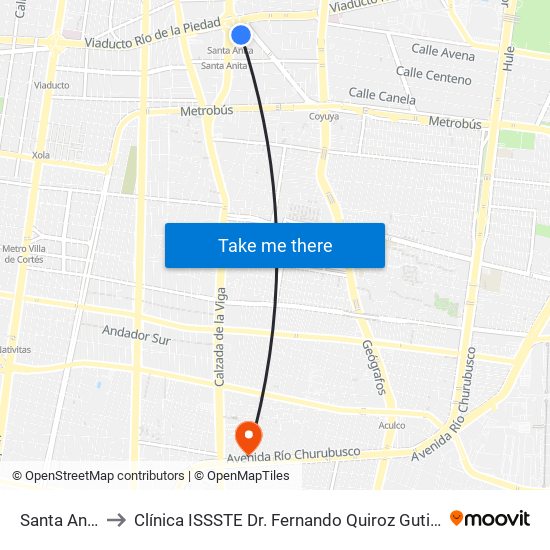 Santa Anita to Clínica ISSSTE Dr. Fernando Quiroz Gutiérrez map