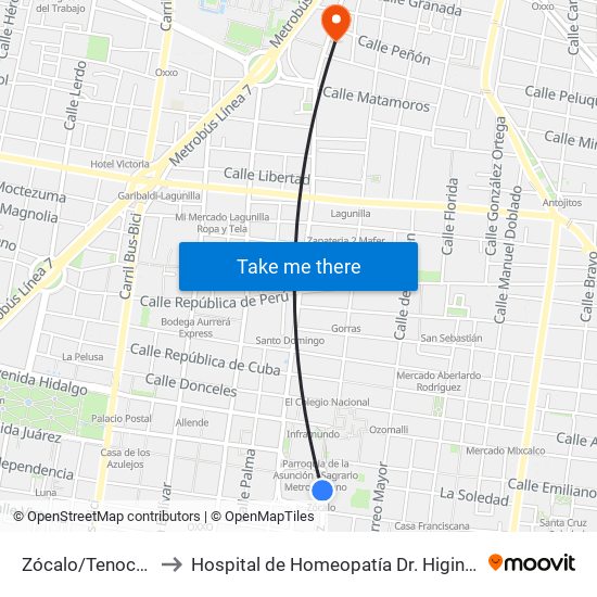 Zócalo/Tenochtitlán to Hospital de Homeopatía Dr. Higinio G. Pérez map