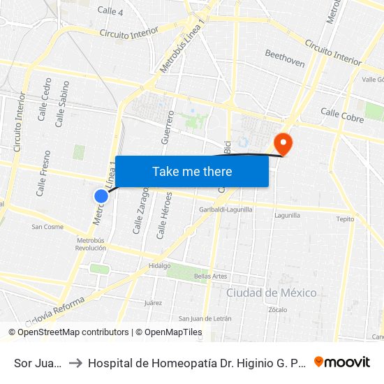 Sor Juana to Hospital de Homeopatía Dr. Higinio G. Pérez map