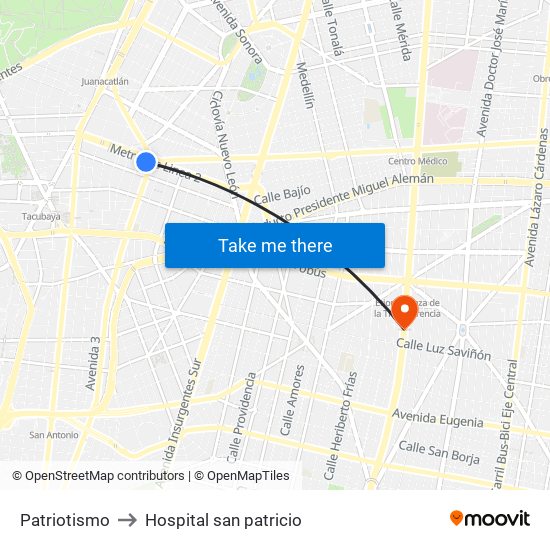 Patriotismo to Hospital san patricio map