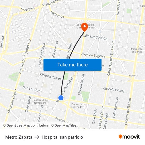 Metro Zapata to Hospital san patricio map